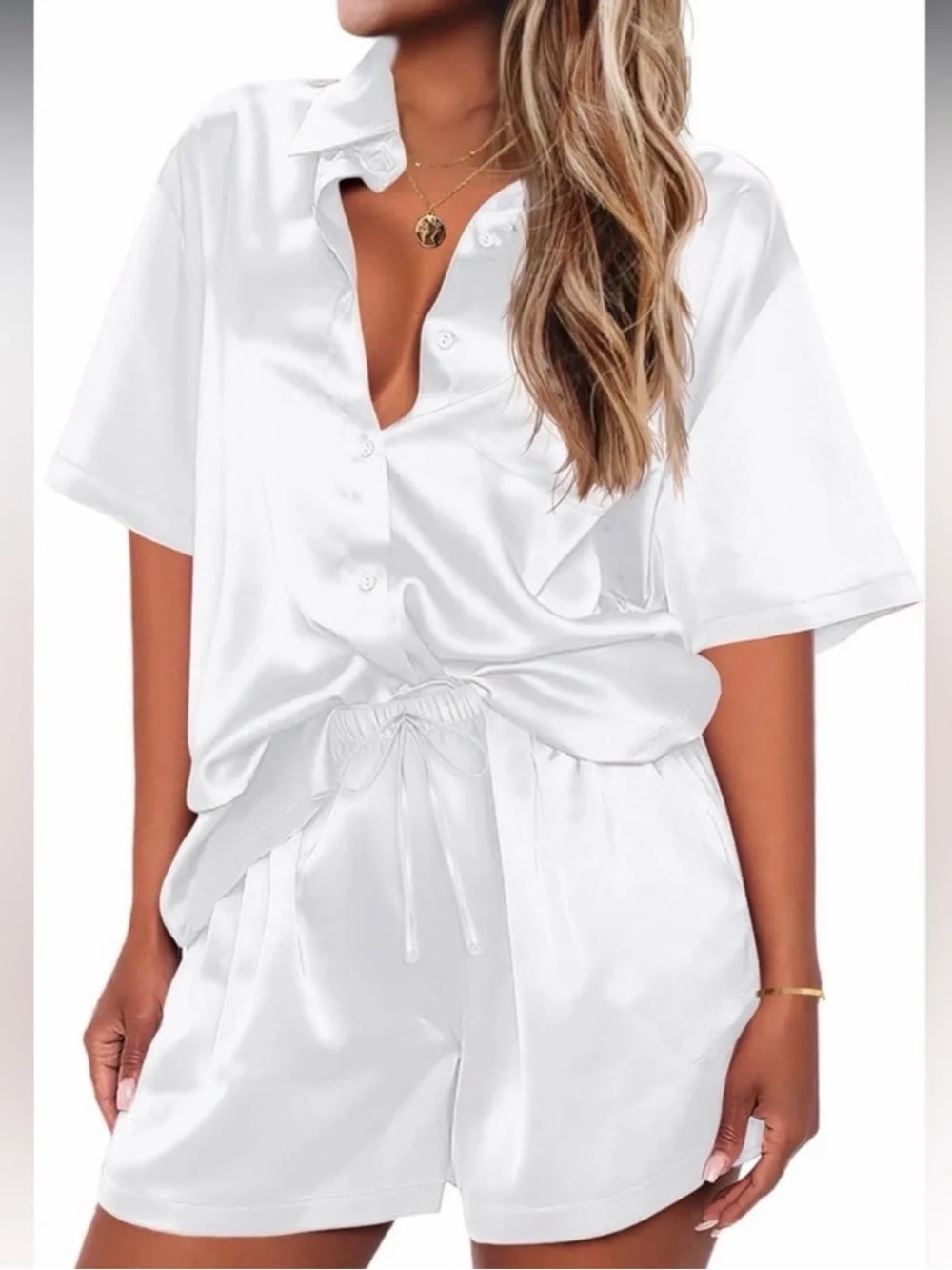 NWOT Satin Short Pajama Set - White - Picture 1 of 9